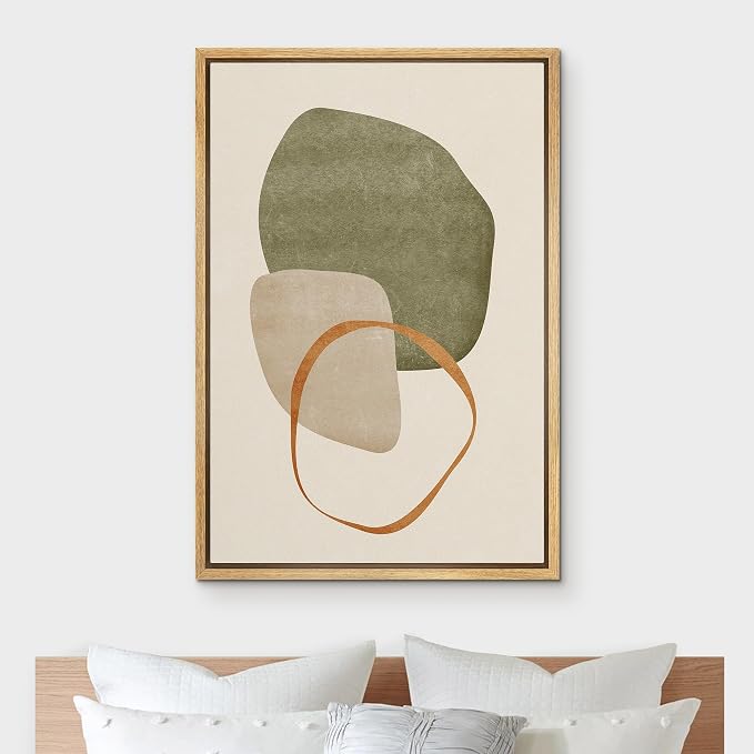 IDEA4WALL Framed Canvas Print Wall Art Retro Gold Sage Green Gray Geometric Color Blocks Abstract Shapes Illustrations Modern Art Decorative Minimalist Multicolor for Bedroom - 16"x24" Natural