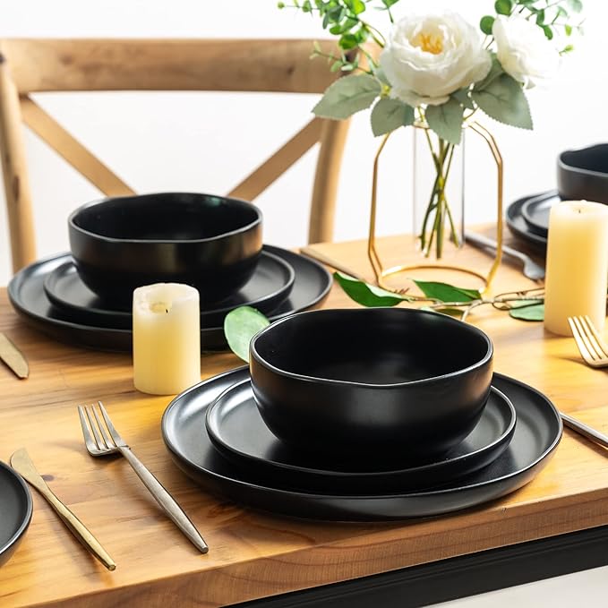AmorArc Ceramic Dinnerware Sets, Wavy Rim Stoneware Plates and Bowls Sets,Dishwasher & Microwave & Oven Safe Dishes set, Service for 4 (12pc)-Mix Color