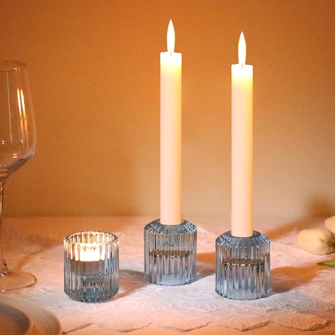 Reversible Blue Glass Candle Holder Set of 6, Thick Heat-Resistant Glass Candlestick Holders for Taper, Tealight, Votive, LED Candles, Perfect for Wedding, Party, Home Décor