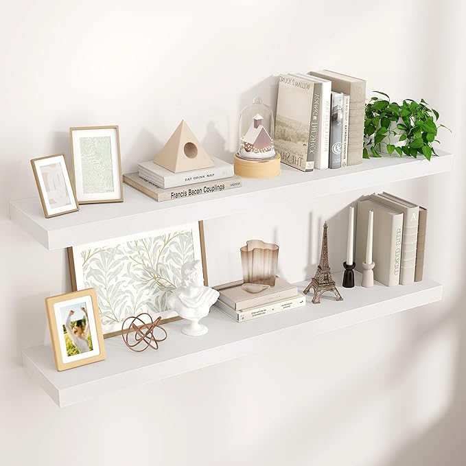 Venusmiles Floating Shelves for Wall 48 inch Long, Engineered Wood Wall Shelves with Invisible Brackets for Living Room Bedroom Bathroom Office Kitchen Decor and Storage, White Finish, Set of 2