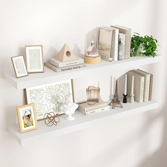 Venusmiles Floating Shelves for Wall 48 inch Long, Engineered Wood Wall Shelves with Invisible Brackets for Living Room Bedroom Bathroom Office Kitchen Decor and Storage, White Finish, Set of 2