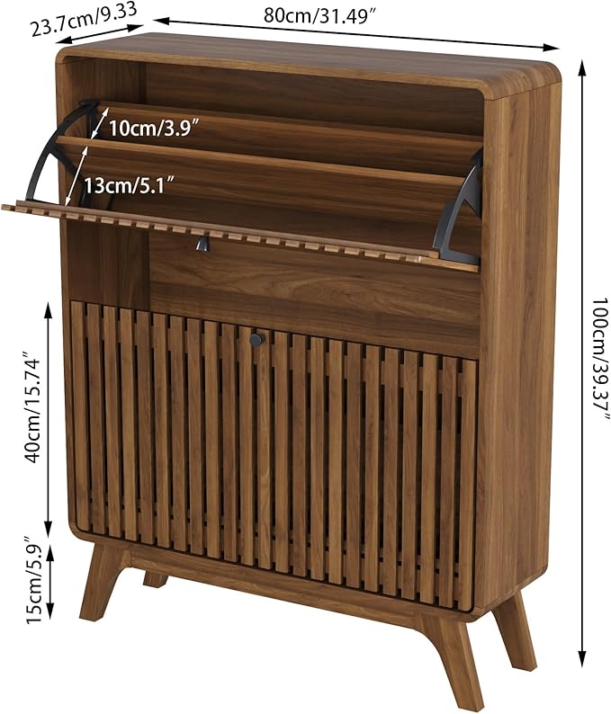 Jluomei Fluted Narrow Shoe Cabinet for Entryway, Slim Wood Shoe Storage Cabinet with Flip Drawers, Bamboo Thin Shoe Rack Organizer for Entry Way, Hallway, Hidden, Walnut