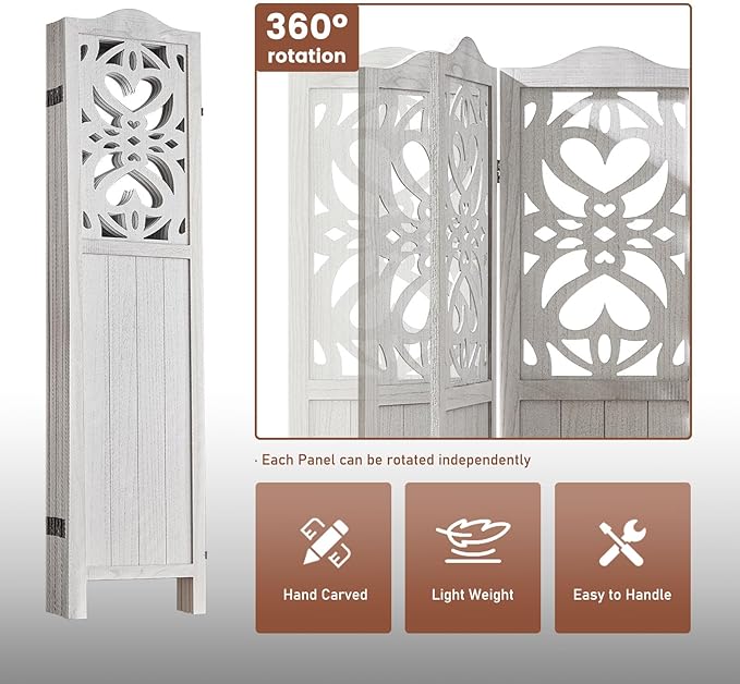 4 Panel Room Divider Fully Assembled, Carved Room Dividers and Folding Screens, 5.6Ft Wood Room Divider Screen Freestanding Partition Wall Dividers for Home Bedroom Office, Rustic White