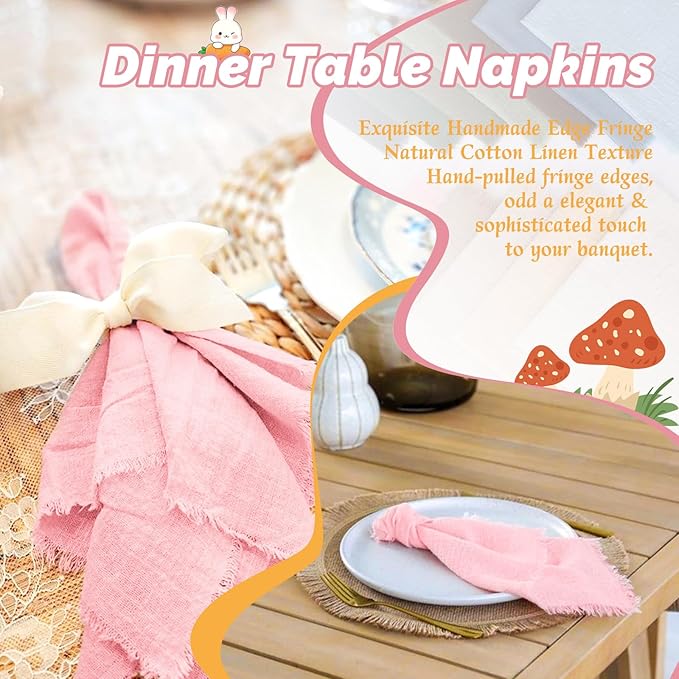 Showgeous 30 Pack Pink Cloth Napkins with Fringe 16x16 inch 100% Cotton Pink Napkins Handmade Dinner Napkins Bulk Washable Soft Rustic Table Napkins for Wedding Parties Bridal Baby Shower