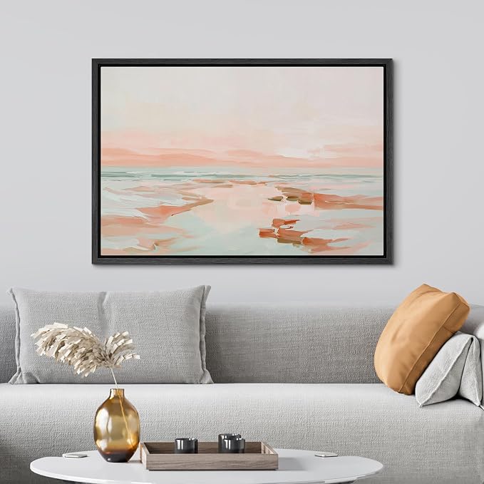 SIGNWIN Framed Canvas Print Wall Art Soft Pastel Coastal Shoreline Abstract Seascape Illustrations Modern Art Decorative Boho Relax/Zen Nordic for Living Room, Bedroom, Office - 24"x36" BLACK