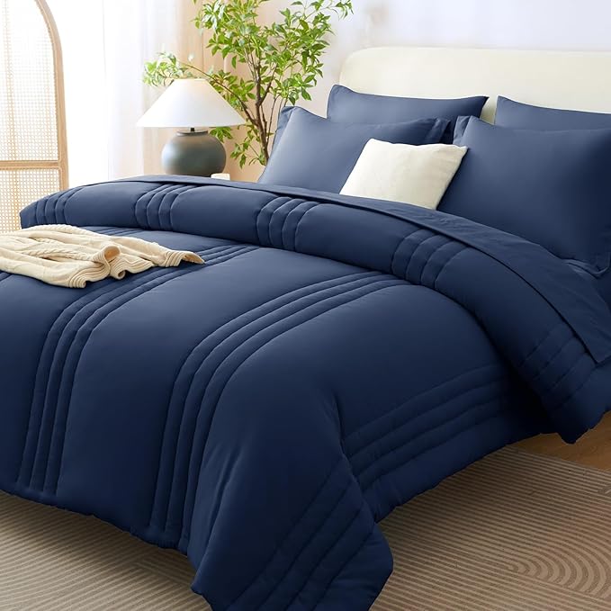 CozyLux Queen Size Comforter Sets - 7 Piece Bed in a Bag Navy Blue Comforter Set with Sheets Queen Bed Set All Seasons, Bedding Set with Down Alternative Comforter, Sheets, Pillowcases & Shams