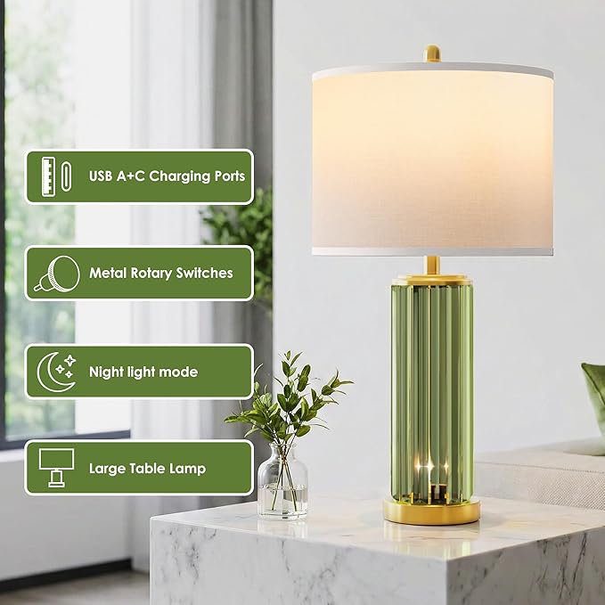 QiMH Gold Table Lamps for Bedroom Set of 2 with Nightlight, Modern Bedside Lamp with USB A+C Charging Port, Green Nightstand Lamp for Living Room White Shade, 2 Bulbs Included