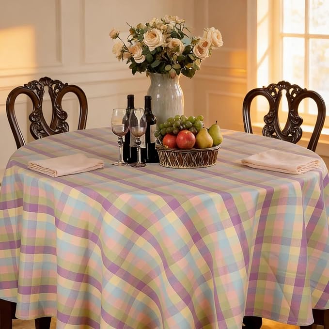 Urban Villa Easter Tablecloth Buffalo Check Table Cloth Tabletop Cover Kitchen Dining Tablecloth 100% Cotton Great Parties Wedding Holiday Dinner Easter Color Round 70 Inches 4-6 Seats Table Cloth