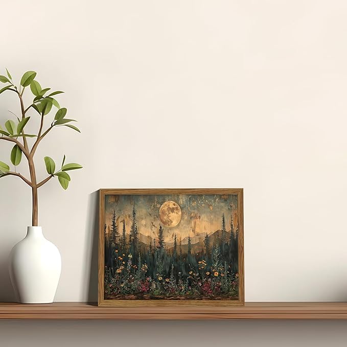 KBKBART Framed Canvas Wall Art Vintage Decor, Forest Moon Painting Prints, Nature Pine Tree Woodland Wall Decor, Dark Cottagecore Landscape Artwork for Living Room Bedroom 12x16 inch