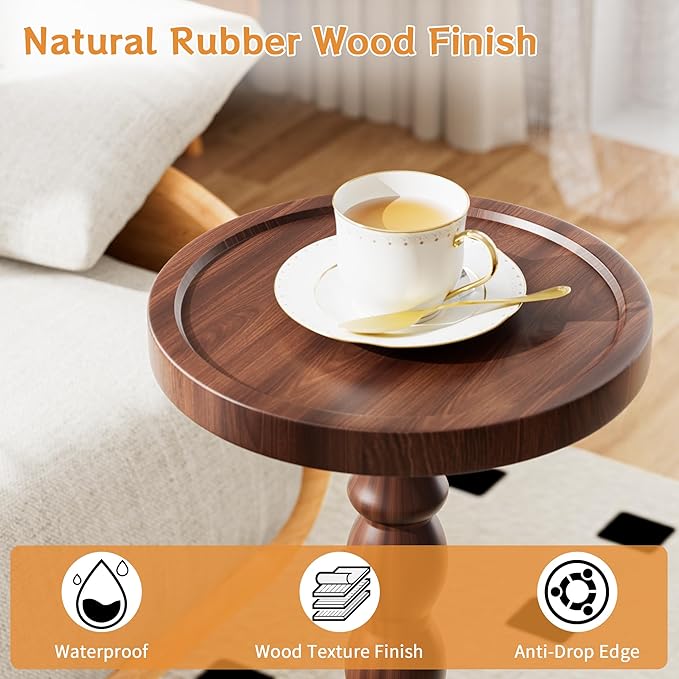 Rubber Wood Round Side Table, Solid Wood Small Drink Table for Small Spaces, Modern Accent Tables, End Tables for Living Room, Bedroom and Office (Dark Walnut, 9.4 Inch)