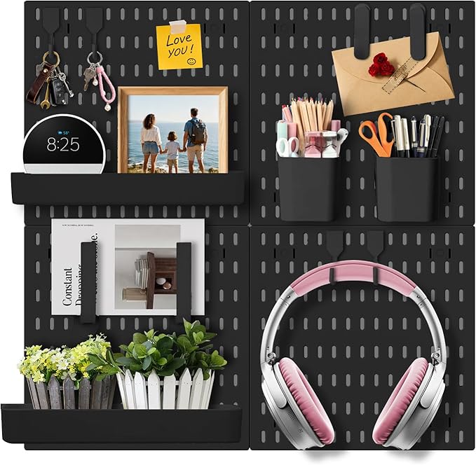 Wall Organizer Pegboard Kit, Wall Control Peg Board with 18 Pcs Accessories, 4 Pack Plastic Wall Mount Display Storage Panels for Kitchen Bathroom Craft Room Office Organization, 23.6 Inches (Black)