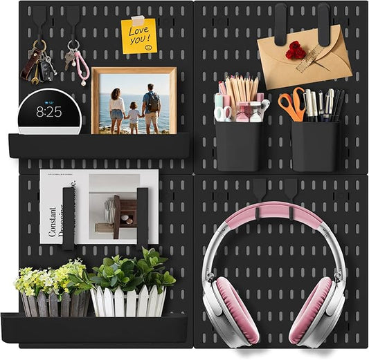 Wall Organizer Pegboard Kit, Wall Control Peg Board with 18 Pcs Accessories, 4 Pack Plastic Wall Mount Display Storage Panels for Kitchen Bathroom Craft Room Office Organization, 23.6 Inches (Black)