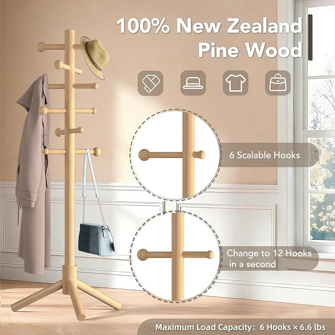 Wooden Coat Rack Freestanding with 12 Hooks 3 Adjustable Heights，Standing Coat Rack Tree for Hat and Coat Rack for Small Spaces Entryway,Office,Bedroom,Natural