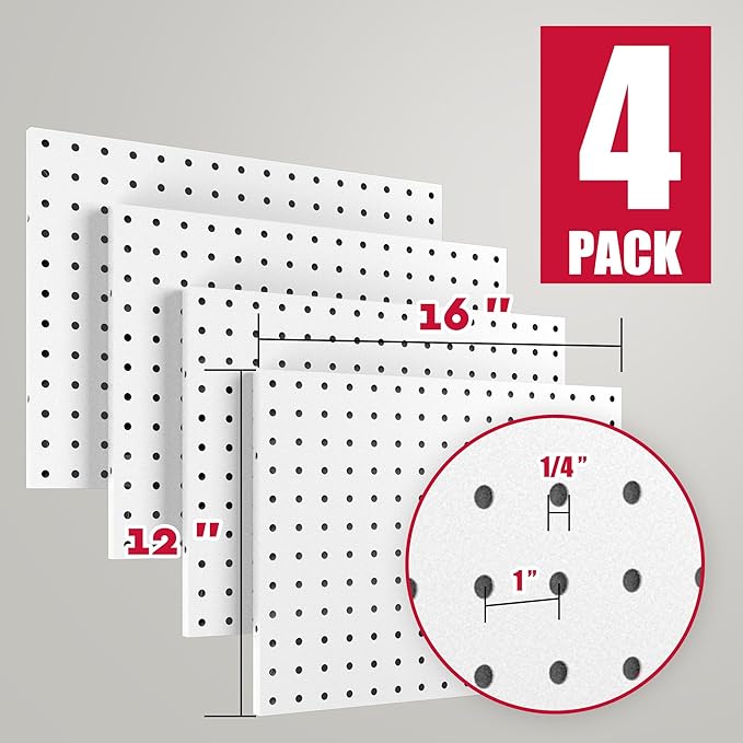 Spampur Peg Board, 4 Pack Metal PegBoard Organizer with Accessories, White Pegboard Panels with 50 Pcs Hooks and Baskets, Wall Organizer for Office, Craft Room Organization, Garage, Sewing Room