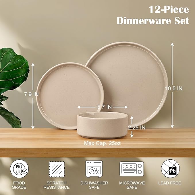 E-far Stoneware Dinnerware Sets, 12-Piece Plates and Bowls Dish Set for 4, Kitchen Modern Dinning Ware, Chip and Scratch Resistant, Microwave & Dishwasher Safe, Speckled Khaki