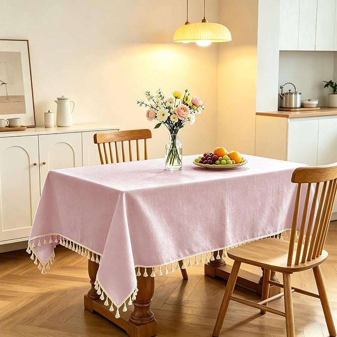 Alsoo Spring Pink Table Cloth Rectangle Table Heavy Duty Cotton Linen Tablecloth Farmhouse Boho Waterproof Wrinkle Free Tables Cover with Tassel for Kitchen Dining Holiday Party, 55" x 120"
