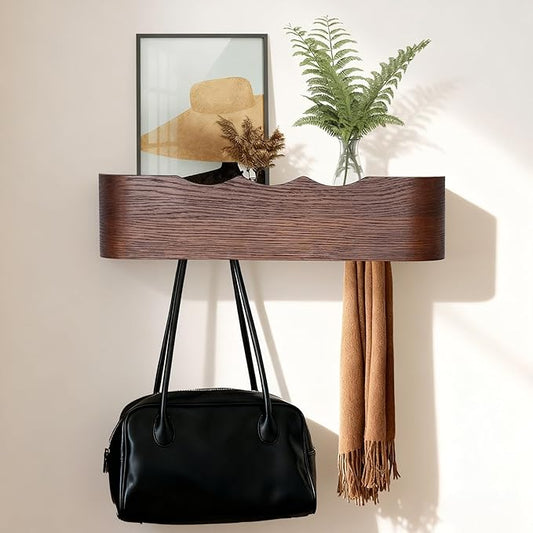 Coat Rack Wall Mount with Shelf Entryway Shelf Modern Key Holder Hanger Wall Shelves with Hidden Hooks for Hanging Towels Coats Hats Bags for Hallway Bathroom Bedroom(Wavy Walnut Color, 4 Hooks)