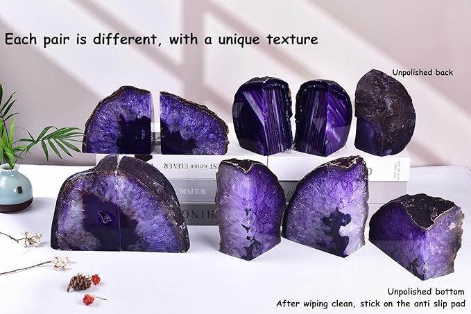 AMOYSTONE Agate Bookends Purple Decorative Stone Book Holders for Hardback Book or Cookbooks, Unique Stone Book Stoppers Bookends 4-5 LBS with Rubber Bumpers, Home Office Decor
