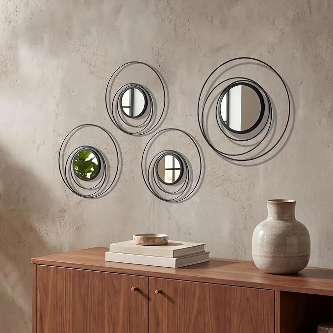 4 Piece Black Round Wall Mirror Set Modern Metal Circle Home Decor for Living Room Bedroom Entryway 11/9 in Decorative Mirrors Minimalist Wall Art for Home