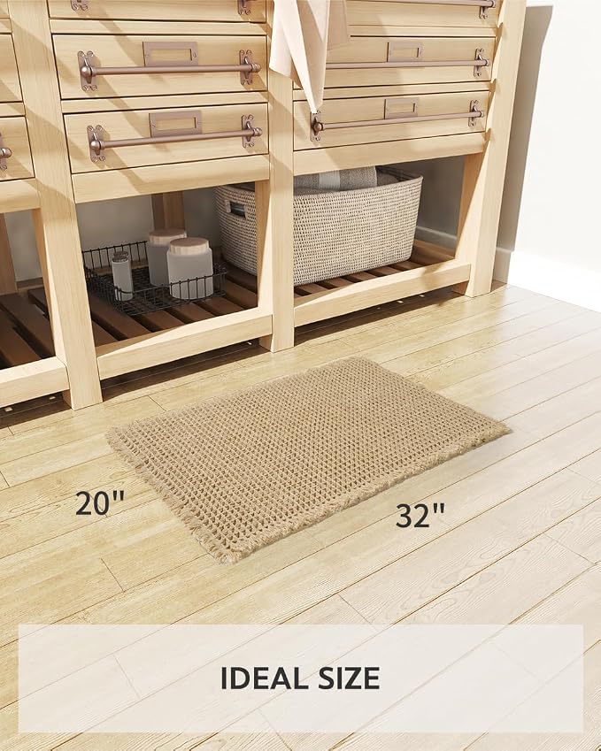 Waffle Bath Mat, Super Absorbent Non Slip Bath Mat Ultra Soft Bathmat Machine Washable Bath Rugs with Tassels, Beside Tub, 20" x 32", Brown