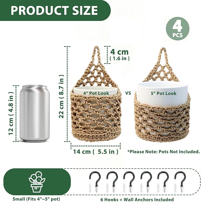 4 PCS 5-Inch Macrame Wall Plant Hangers, Small Wall Hanging Plant Holder with Hooks, Natural Cotton Rope Hanger for Indoor Plants & Daily Storage, Boho Home Decor