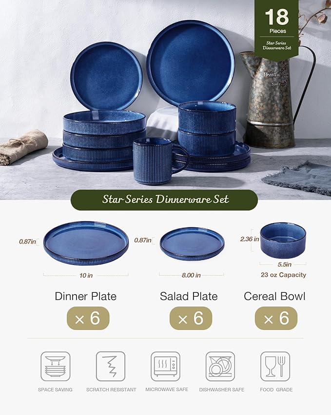 Famiware Star 18-Piece Reactive Glaze Plates and Bowls Sets, Service for 6 - Stoneware Dinnerware with Trim, Modern Rustic Dishes, Chip & Scratch Resistant, Microwave & Dishwasher Safe, Nebulas Blue