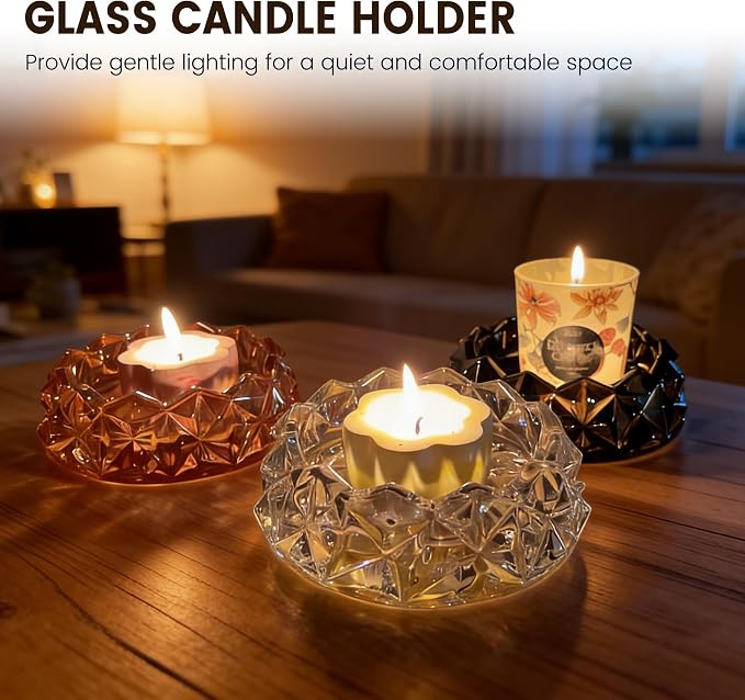 Diamond Glass Candle Holder, Clear Glass Candle Dish for Home Decor, Decorative Modern Candle Tray for Small Candles & Diffusers (Amber)