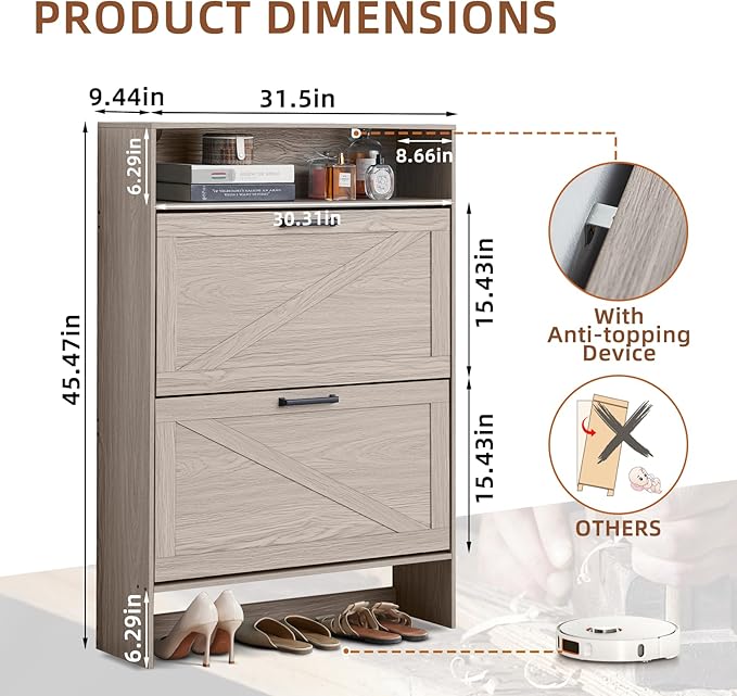 RWYHG Shoe Cabinet Storage for Entryway with 2 Flip Drawers Open Storage Layer Rack Narrow Organizer Slim Hidden Wood Shoe Cabinet Furniture Grey