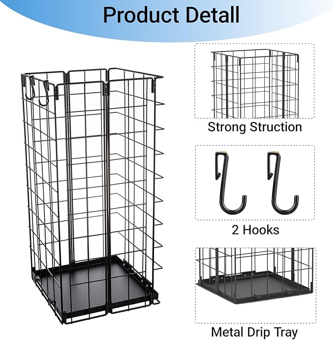 Umbrella Stand, Umbrella Holder for Entryway, Large Metal Foldable Umbrella Rack Organizer Freestanding, with Water Tray and Hooks, Rectangular Hollow Rack 9.5 x 9.5 x 19.7 Inches (Black)