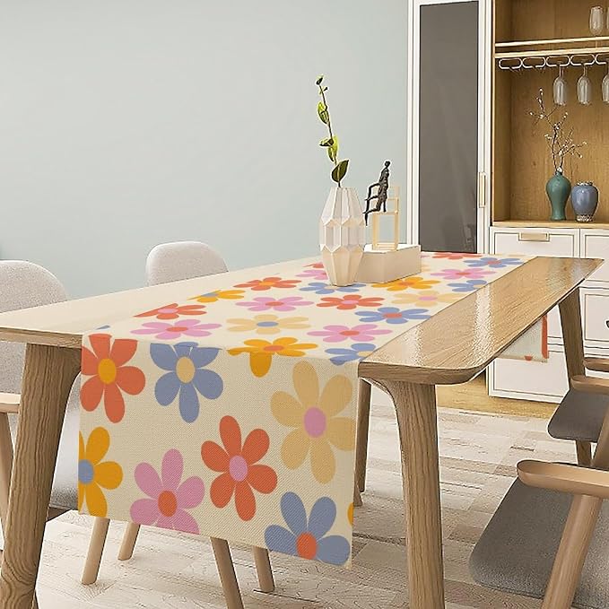 Retro Florals Table Runner Vintage Gardern Flower Hippie Groovy Seasonal Spring Farmhouse Country Dinner Runner for Home Kitchen Dining Table Party Holiday Decor 13"x36"