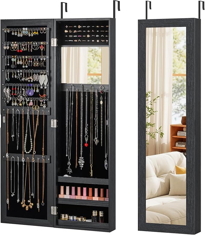 GOFLAME Mirror Jewelry Cabinet Wall Mounted, 43.5” Full Length Mirror with Storage, Interior Build-in Mirror, Over the Door Jewelry Chest, Modern Jewelry Storage Organizer for Women, Black