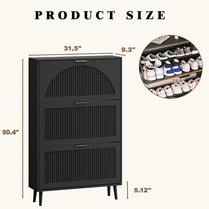Shoe Storage Cabinet with 3 Flip Drawers, Narrow Wood Shoe Organizer Cabinet with Fluted Panel, Slim Shoe Rack for Entryway, Freestanding Shoe Cabinet for Living Room, Hallway, Black