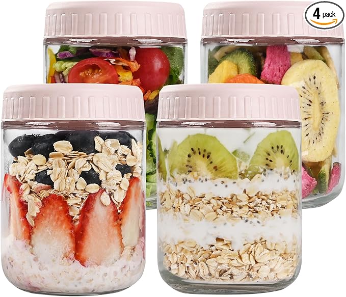 SHOWIN Overnight Oats Containers with Lids, 16oz Glass Jars with Lids 4 pcs, Pink, Wide Mouth Mason jars for Salad, Yogurt, Snacks, Meal Prep