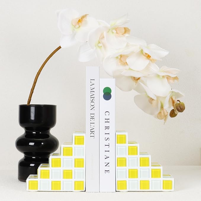 Decorative Bookends for Shelves - Stair Book Ends for Heavy Books - Unique Book Stopper & Holder for Shelves - Modern Home Decor Aesthetic Bookshelf Decor (Yellow & White)