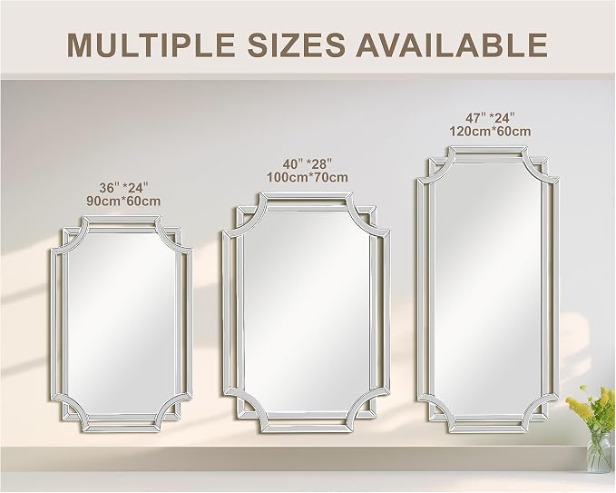 Chende Scalloped Large Wall Mirror, 28" x 40" Bathroom Mirror with Beveled Edge and Glass Pieces, Wall Decor for Living Room, Entryway, Fireplace, Dining Room, Hallway, Horizontal/Vertical Mirror
