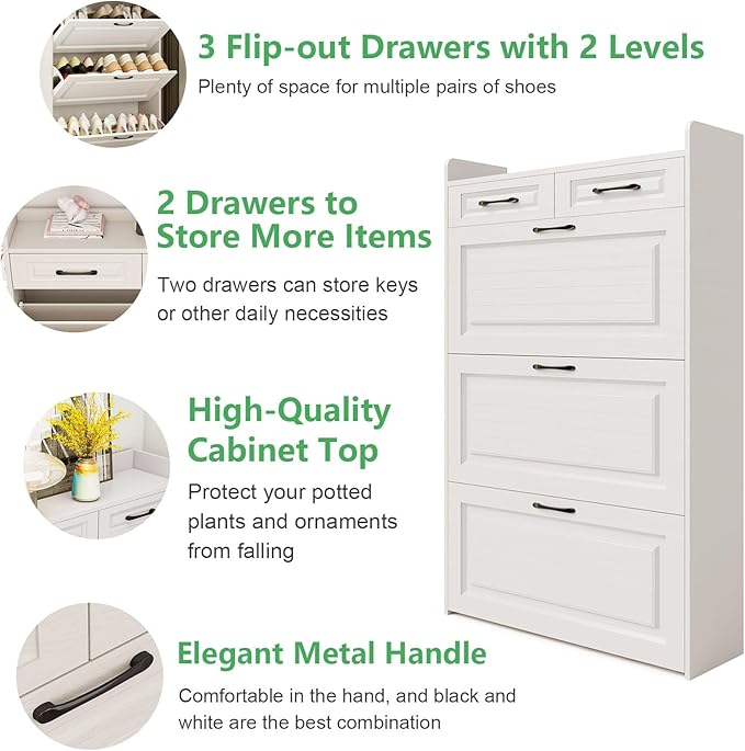 Shoe Cabinet with 3 Large Flip Drawers & 2 Storage Drawers, Narrow Shoe Organizer Cabinet Fits for Kinds of Shoes, Slim Shoe Storage Cabinet for Entryway, Hallway