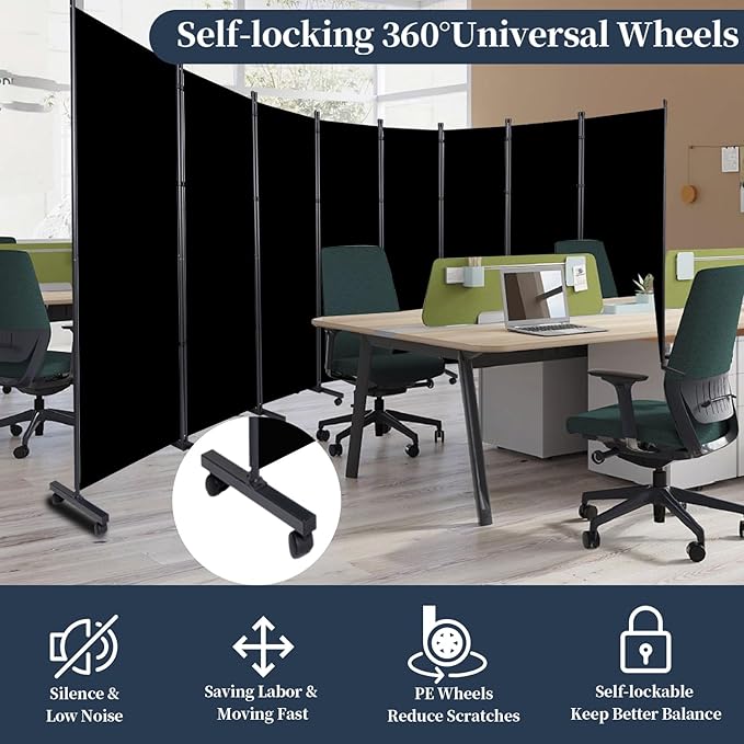 Room Divider Folding Privacy Screens with Lockable Wheels, 176'' Fabric Partition Room Dividers Freestanding Room Divider Panel for Room Separation, Wall Divider Space Separator for Home Office Studio
