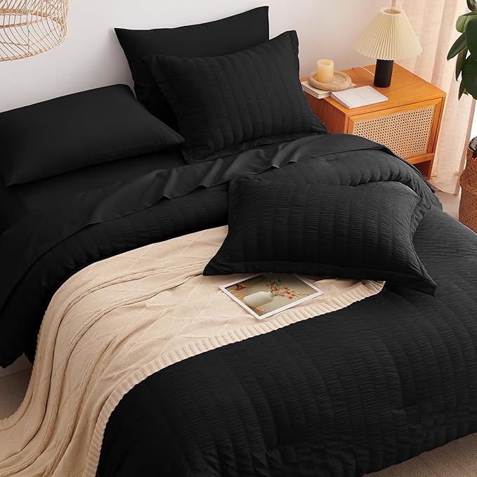 CozyLux Full Size Comforter Sets with Sheets Seersucker 7 Pieces Black Bed in a Bag Textured Luxury Soft Bedding Set with Down Alternative Comforter, Sheets, Pillowcases & Shams for All Seasons