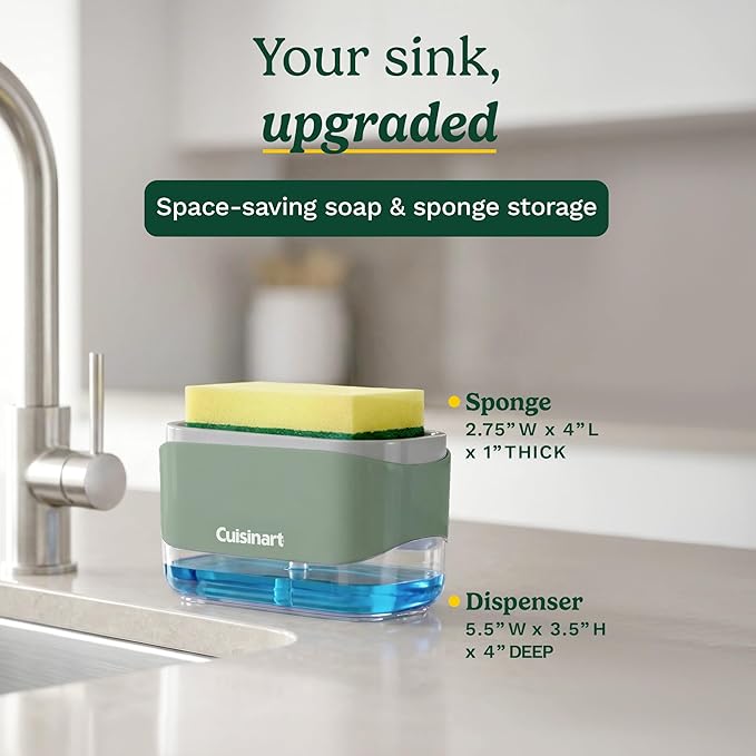 Cuisinart 2-in-1 Dish Soap Dispenser with Sponge Holder and Sponge for Kitchen Sink – Soap Pump Organizer Set with Tray, Countertop Caddy for Dishes, Dishwashing Liquid Dispenser, Sink Essentials