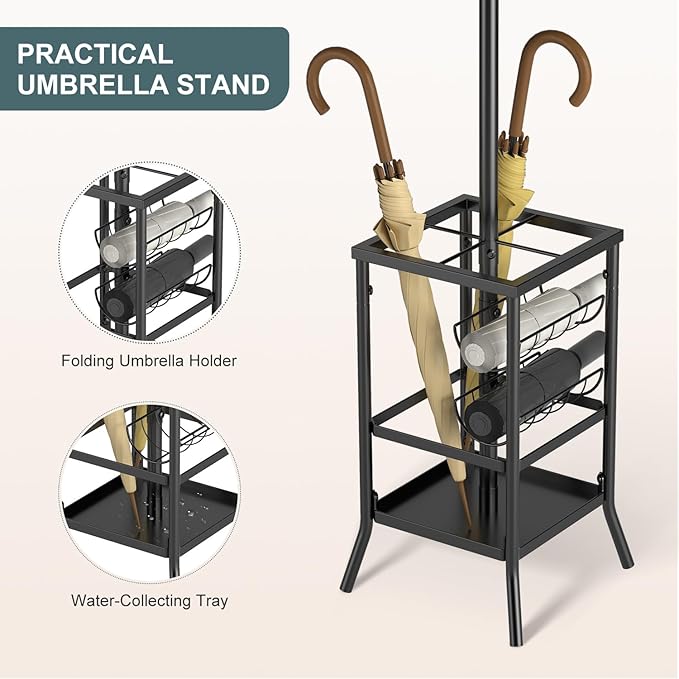 Chiozza Coat Rack Freestanding, Metal Coat Tree with Umbrella Holder, Coat Hanger Stand with 12 Hooks, Standing Coat Rack Stand for Entryway Living Room Bedroom Office