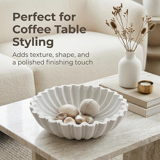 Decorative Bowl for Home Decor, 10.6" Large Modern White Scalloped Fruit Bowl for Coffee Table, Entryway Table, Kitchen Counter, Centerpiece for Keys or Candy
