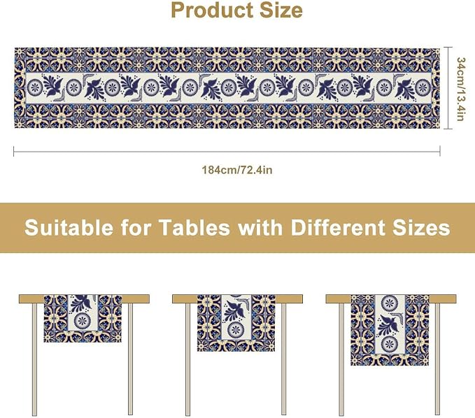 YCness Floral Bird Mexican Table Runner, Blue Patchwork Tiles Kitchen Dining Table Decoration for Home Party Decor, 13x36 Inch
