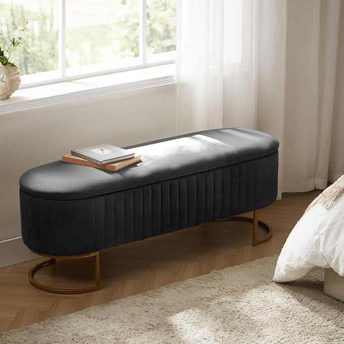 50.5” Velvet Storage Ottoman Bench with Gold-Toned Legs, Luxury Upholstered End of Bed Multi-Functional Footrest & Seat for Bedroom & Entryway