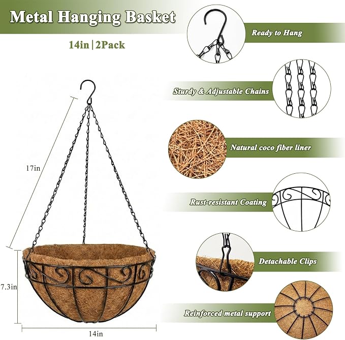 2 Pack Hanging Baskets for Plants Outdoor 14 Inch Metal Hanging Planters with Coco Coir Liner, Round Hanging Flower Pots for Home Garden Patio Balcony Porch