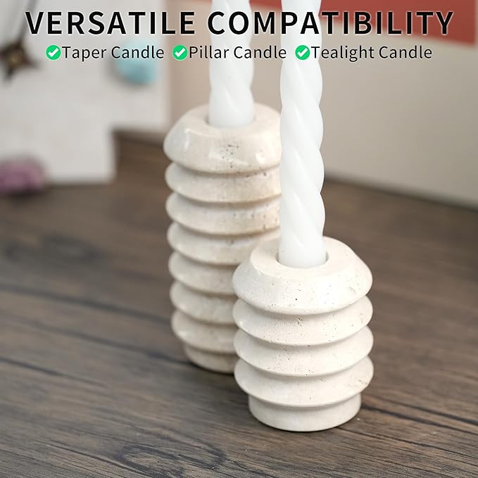 Travertine Marble Candlestick Holders - Set of 2 Stone Candle Sticks Holder Decor, Decorative Modern Candle Stands for Taper Candles