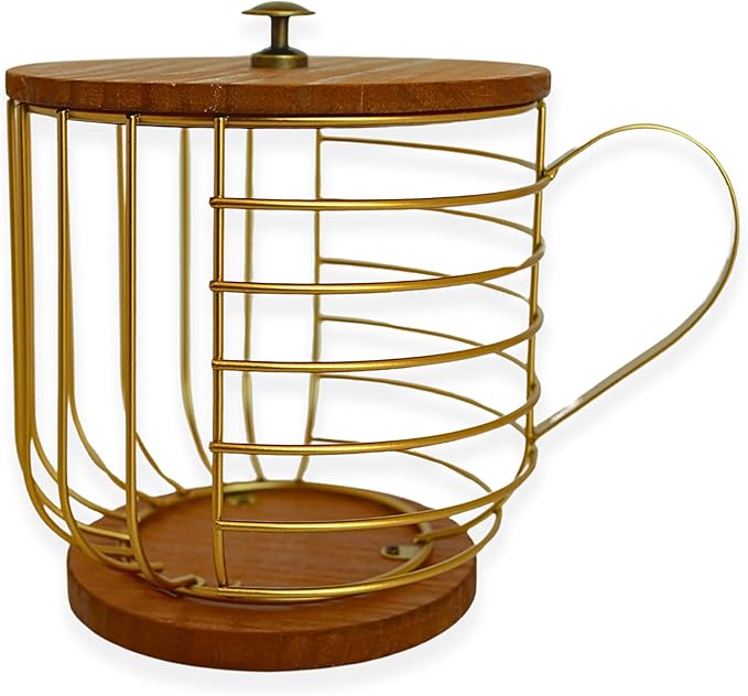 Coffee Pod Holder - Compatible with Nespresso Vertuo Pods and Capsules - Gold Metal K Cup Holder - Cute Coffee Pod Basket w/ Wooden Base & Lid - Coffee Pod Storage - Coffee Bar Decor