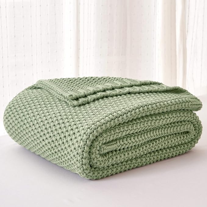 Chunky Cable Knit Throw Blanket Lightweight Light Green 100% Organic Cotton Blanket for Sofa Couch Bed Baby Nursery, Rustic Shabby Chic Modern Farmhouse, 51” x 63” Bonus Laundering Bag