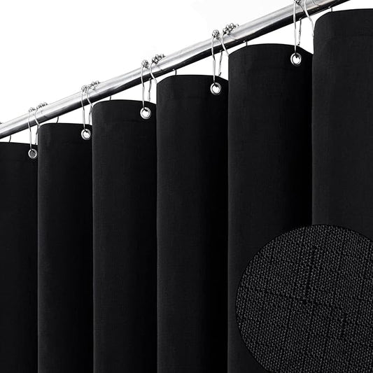 BTTN Stall Fabric Shower Curtain - 60x84 Inch Long Linen Textured Heavy Duty Shower Cloth Curtain Set with 10 Plastic Hooks, Narrow Decorative Neutral Waterproof Shower Curtains for Bathroom, Black