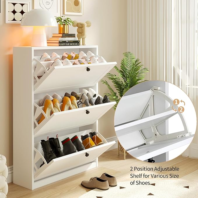 VOWNER Shoe Storage Cabinet with 3 Flip Drawers, Freestanding Shoe Cabinet with Adjustable Shelf & Anti-Tipping Device, Slim Shoe Rack for Entryway, Hallway, Living Room, White (White)