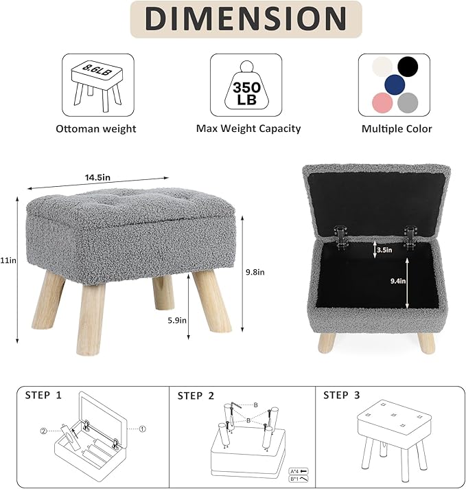 OGEMXU Storage Ottoman, Small Storage Ottoman Foot Stool with Wood Legs, Teddy Velvet Rectangular Foot Rest for Chair, Soft Sponge White Footstool for Living Room, Couch, Bedroom, Dorm (Grizzly)